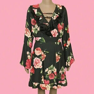 Summer Floral Print Long Sleeve Short Ruffled Dress‎ Medium Boho Flowy Party